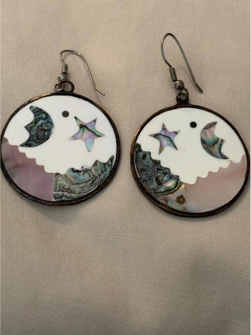 Vintage Alpaca Mexico Abalone  Mother of Pearl Celestial Earrings moon star